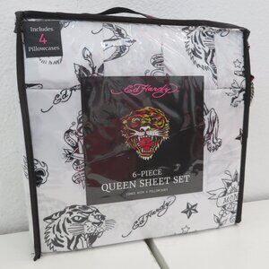 Ed Hardy 6pc Queen Sheet Set Black White & Gray Logo Print & Skulls